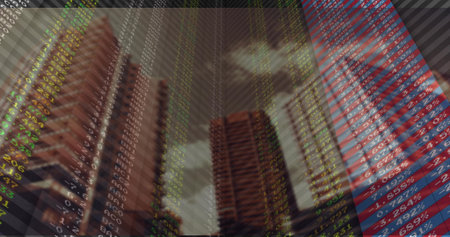 Framing three high-rise towers rising at street level, showing glass walls, brick facades, ticker....