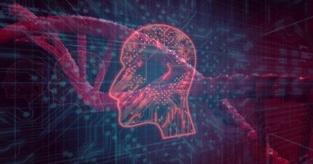 Glowing neon head silhouette showing circuit traces in virtual lab space, with DNA helices. Neural, ai, genomics, biotech, circuitry, digital, connectivityの写真素材