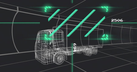 Displaying wireframe medium-duty box truck moving through virtual tunnel, showing neon sensor beams. Cab, vehicle, diagnostics, telemetry, simulation, grid, futuristicの写真素材
