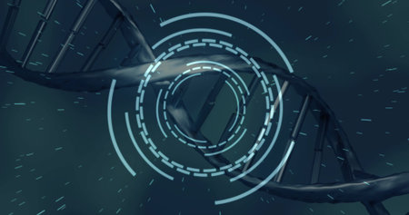 Twisting single DNA double helix spiraling across virtual lab display, showing cyan HUD rings. Molecule, genome, visualization, simulation, futuristic, neon, glowの写真素材