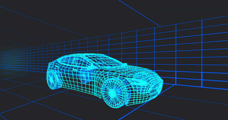Showing cyan wireframe coupe model glowing in CAD grid, with wireframe wheels and vanishing lines....