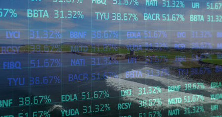 Displaying stock ticker overlay showing percent figures over coastal bay from cliff viewpoint....