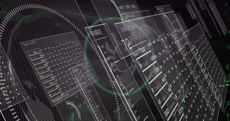 Showing layered UI panels and grid matrices on digital plane, displaying HUD rings and readouts....