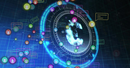 Displaying holographic globe within circular HUD at VR dashboard, showing avatars, chat boxes. Neon,...