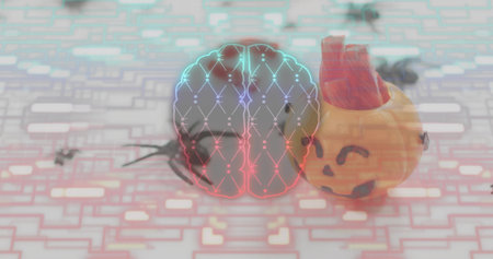 Hovering neon brain graphic glowing above circuit tabletop, with pumpkin wearing red cap and insect. Neural, gourd, figurine, advertising, holographic, pastel, futuristicの写真素材