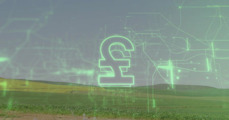 Hovering glowing holographic pound symbol floating above rolling fields, showing neon-green grid. Currency, fintech, digital, network, landscape, rural, horizonの写真素材