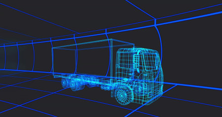 Glowing neon-blue wireframe truck occupying tunnel interior, showing wheels, chassis, cargo box. Cad, 3d, grid, corridor, perspective, vehicle, renderingの写真素材