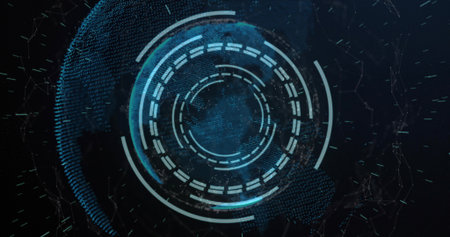 Rotating holographic concentric rings and dotted globe filling virtual digital space, scanning arcs....