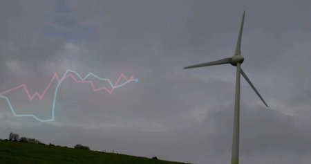 Turning white turbine towering right of grass hill with fenceposts, cyan pink overlays, copy space....