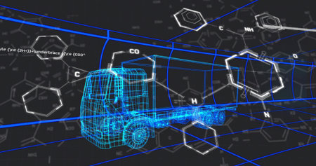 Rendering neon-blue wireframe tractor-truck rotating in virtual space with grids, labels C,H,N,CO. Holographic, vehicle, futuristic, mesh, geometry, hexagonal, moleculeの写真素材
