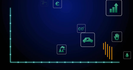Showing glowing teal L axis with bottom nodes in digital dashboard, with CO2 or euro or car or plant icons. Infographic, metrics, sustainability, emissions, energy, industrial, vectorの写真素材