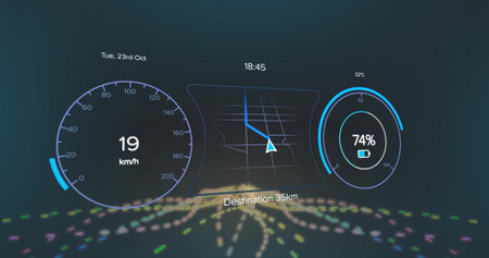 Projecting digital vehicle HUD showing navigation route inside cockpit, dest 35km, battery 74%. Neon, futuristic, teal, dashboard, map, motion, nightの写真素材