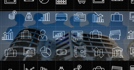 Showing blurred office building behind, featuring white finance icons on dark grid and blue figures. Facade, architecture, urban, highrise, cityscape, infographic, dataの写真素材