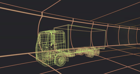 Presenting wireframe box truck in neon green inside virtual 3D tunnel grid, showing vanishing lines. Schematic, perspective, geometry, model, blueprint, futuristic, orangeの写真素材