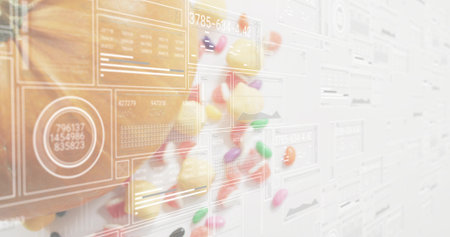 Displaying glossy round candies in assorted colors with translucent dashboard UI panels in studio....
