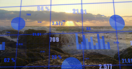 Crashing central wave and rocky outcrop showing faint blue grid, numeric labels at coastline....