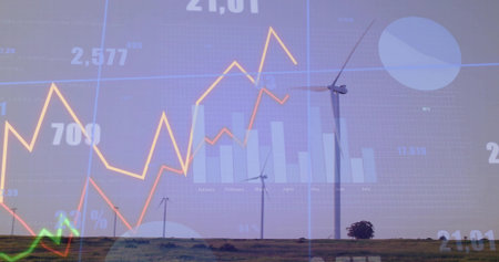 Displaying cluster of three wind turbines standing on flat grassy plain, with data overlays....