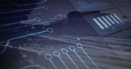 Overlaying cyan-blue circuit graphics linking to multi-lane highway with light trails, bar chart....