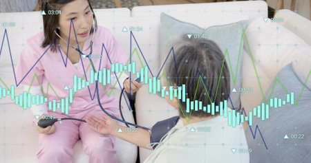 Measuring nurse in pink scrubs using stethoscope and inflating cuff bulb on home sofa, data overlay....