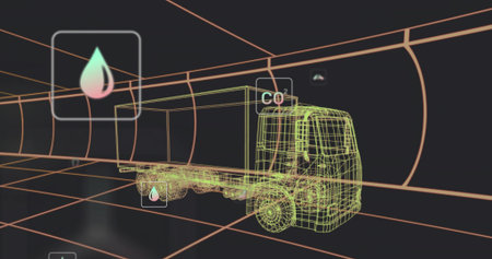 Displaying wireframe flatbed truck model rotating inside neon tunnel, showing CO2 and droplet icons. Futuristic, visualization, grid, tubular, holographic, simulation, geometryの写真素材