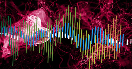 Displaying colorful EQ bars pulsing in music visualization, with white markers and light node. Neon,...