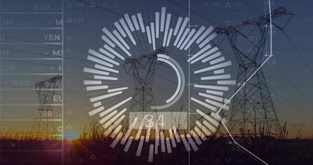 Displaying radial data overlaying central power tower at sunset, showing readout and line graph....