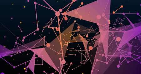 Forming pink-purple-orange nodes with thin lines, triangles and glowing dots in virtual space....