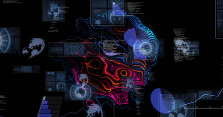 Glowing neural topographic structure pulsing and flowing in virtual dashboard, showing HUD panels....