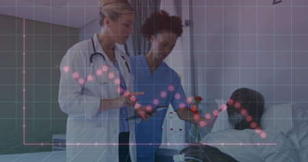 Pointing doctor lab coat tablet, nurse blue scrubs reaching patient gown, showing pink grid overlay....
