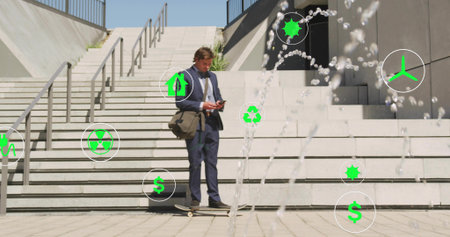 Standing suited man balancing on skateboard, using phone at steps with bag, copy space. Urban,...