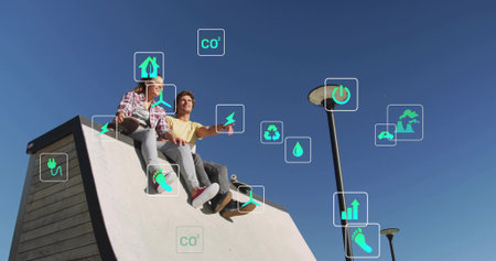 Sitting couple in jeans and sneakers pointing at tablet on skate ramp with skateboard, eco icons. Outdoor, urban, duo, device, overlay, sustainability, recreationの写真素材