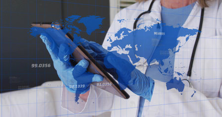 Using tablet, female doctor wearing lab coat and blue gloves in exam room, with map overlays....
