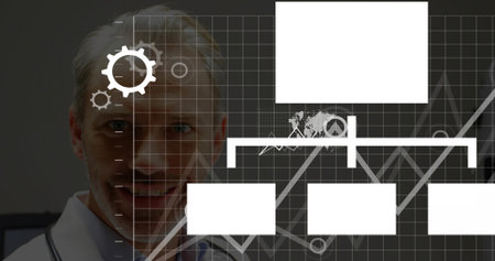Examining doctor reviewing overlay in clinic, with stethoscope white lab coat, graphs, copy space. Physician, medical, dashboard, data, visualization, analytics, workflowの写真素材