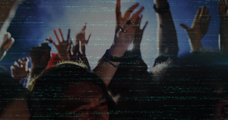 Raising hands, crowd wearing T-shirts reaching toward bright lights at club, with glitch overlay. Silhouettes, backlit, audience, nightclub, concert, haze, glitchの写真素材