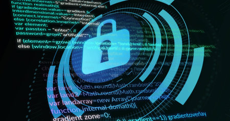 Glowing blue padlock icon anchoring security interface, featuring concentric rings, code and binary....