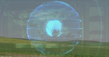 Displaying holographic data sphere dominating open rural field, with HUD maps and status bars. Orb, overlay, projection, grassland, horizon, outdoors, futuristicの写真素材
