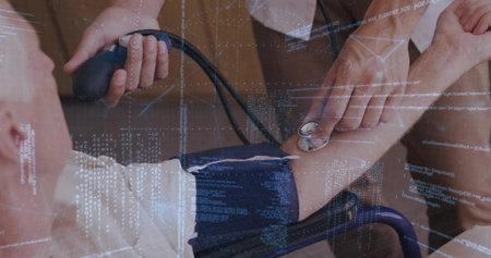 Taking lab-coated Dr pumping bulb, placing scope on patient's arm with BP cuff in clinic overlay....
