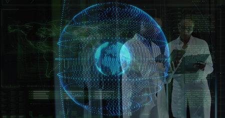 Projecting holographic globe glowing blue in data lab, scientists in white coats studying tablet....