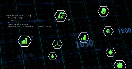 Displaying hexagonal badges with green icons and code snippet centered, with glowing grid....