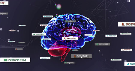 Showing 3D brain centered and rotating in digital space with data tags, badges, network and cursor. Neural, analytics, visualization, holographic, dashboard, cyber, futuristicの写真素材