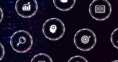 Glowing head-gear icon sitting at center in dashboard, showing dashed-ring UI elements, neon glitch. Interface, analytics, data, cognition, visualization, search, growthの写真素材