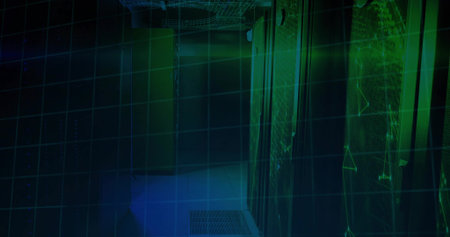 Glowing server racks on right casting holographic grid overlays in data center corridor, copy space....