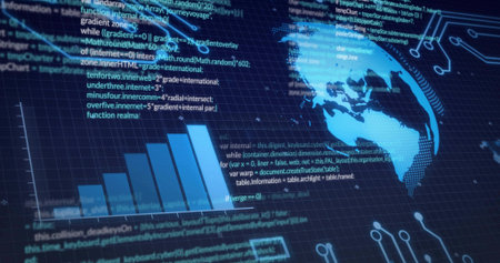 Displaying analytics dashboard projecting data flow on dark grid backdrop, with globe, bars, code. Holographic, neon, orb, heatmap, interface, ui, visualizationの写真素材