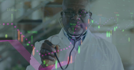 Holding stethoscope doctor wearing white lab coat and tie presenting in clinic with data overlay. Physician, medical, healthcare, charts, graphs, visualization, doubleexposureの写真素材