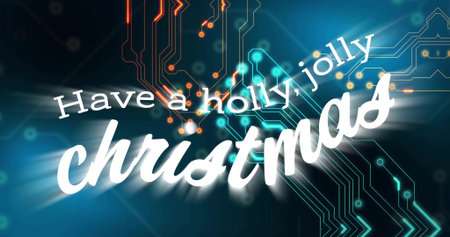 Showing script christmas slanting across teal tech background, with holly jolly line and circuits....