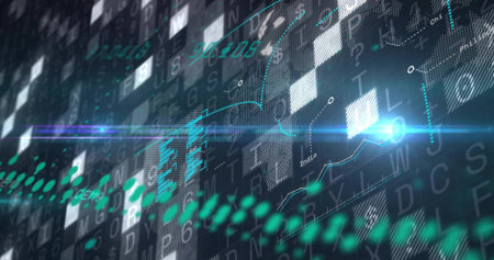 Glowing diagonal data wave and line-chart sweeping across HUD, with blue node and numeric glyphs....