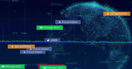 Displaying dotted teal globe pulsing on dashboard, showing waveform, badges, gridlines, copy space....