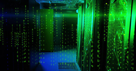Glowing server racks showing cascading green binary overlay in data center, LEDs, vent, copy space....