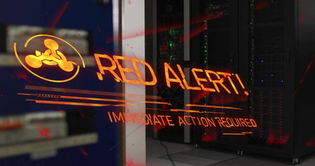 Glowing holographic RED ALERT warning floating on glass in server room, showing biohazard icon....
