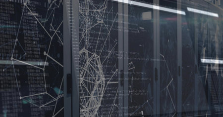Showing centered server racks with glass doors, code overlays and LED lights in data aisle. Datacenter, cabinet, reflections, network, visualization, futuristic, cooltonedの写真素材